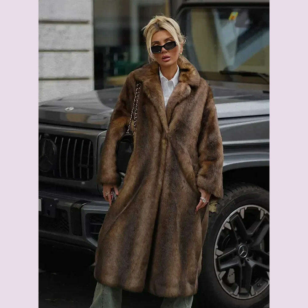 KIMLUD, Dark Brown Faux Fur Long Overcoat For Women Fashion Lapel Single Breasted Loose Fluffy Plush Warm Coat Winter Thicken Outerwear, KIMLUD Womens Clothes