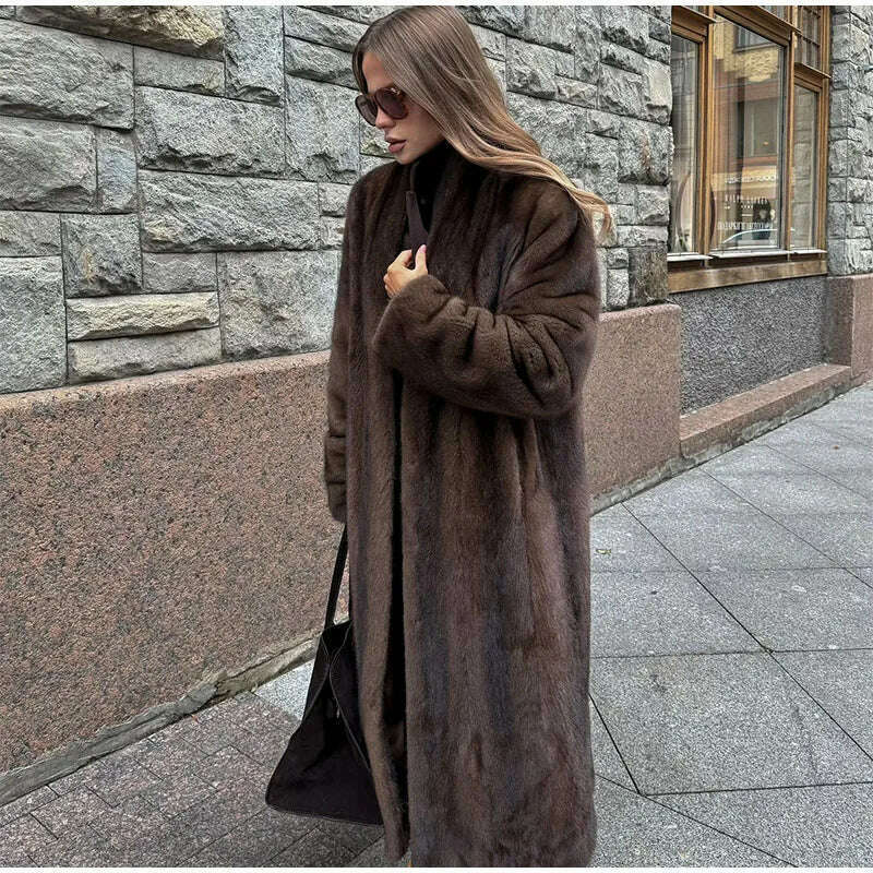 KIMLUD, Dark Brown Faux Fur Long Overcoat For Women Fashion Lapel Single Breasted Loose Fluffy Plush Warm Coat Winter Thicken Outerwear, KIMLUD Womens Clothes