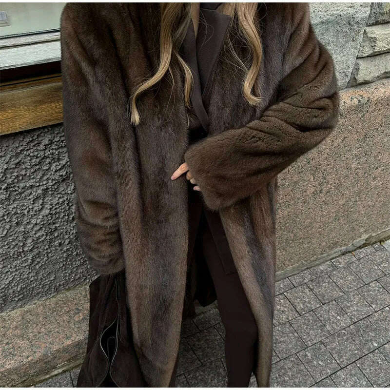KIMLUD, Dark Brown Faux Fur Long Overcoat For Women Fashion Lapel Single Breasted Loose Fluffy Plush Warm Coat Winter Thicken Outerwear, KIMLUD Womens Clothes