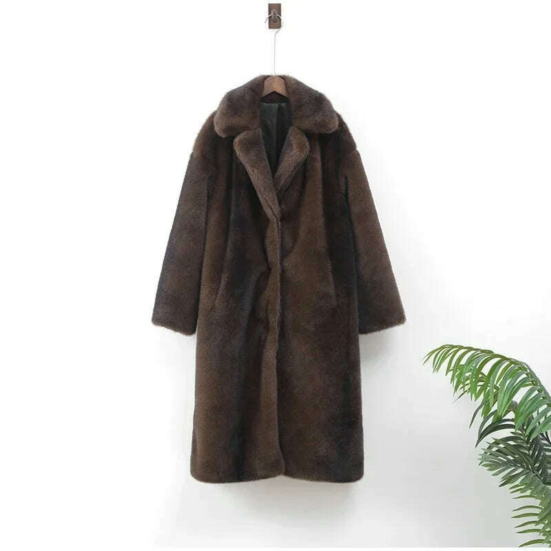 KIMLUD, Dark Brown Faux Fur Long Overcoat For Women Fashion Lapel Single Breasted Loose Fluffy Plush Warm Coat Winter Thicken Outerwear, KIMLUD Womens Clothes