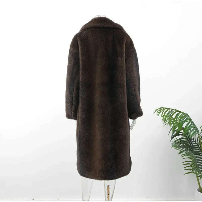 KIMLUD, Dark Brown Faux Fur Long Overcoat For Women Fashion Lapel Single Breasted Loose Fluffy Plush Warm Coat Winter Thicken Outerwear, KIMLUD Womens Clothes