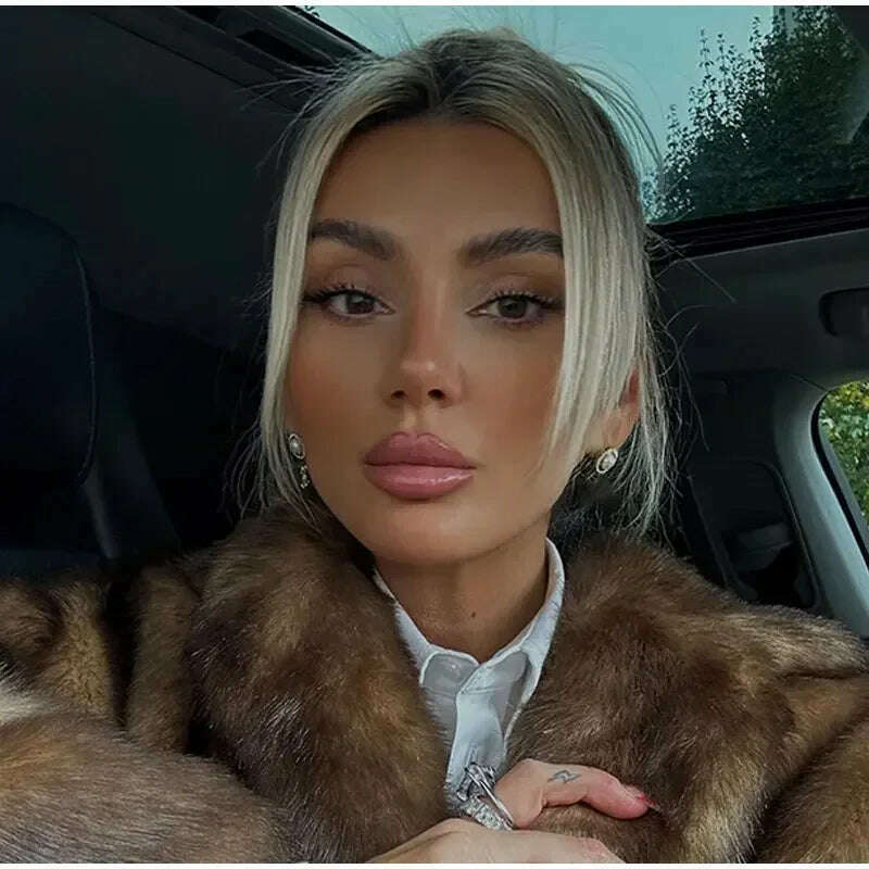 KIMLUD, Dark Brown Faux Fur Long Overcoat For Women Fashion Lapel Single Breasted Loose Fluffy Plush Warm Coat Winter Thicken Outerwear, KIMLUD Womens Clothes