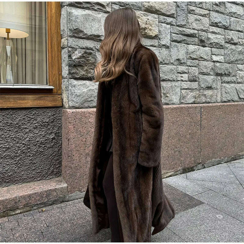KIMLUD, Dark Brown Faux Fur Long Overcoat For Women Fashion Lapel Single Breasted Loose Fluffy Plush Warm Coat Winter Thicken Outerwear, KIMLUD Womens Clothes