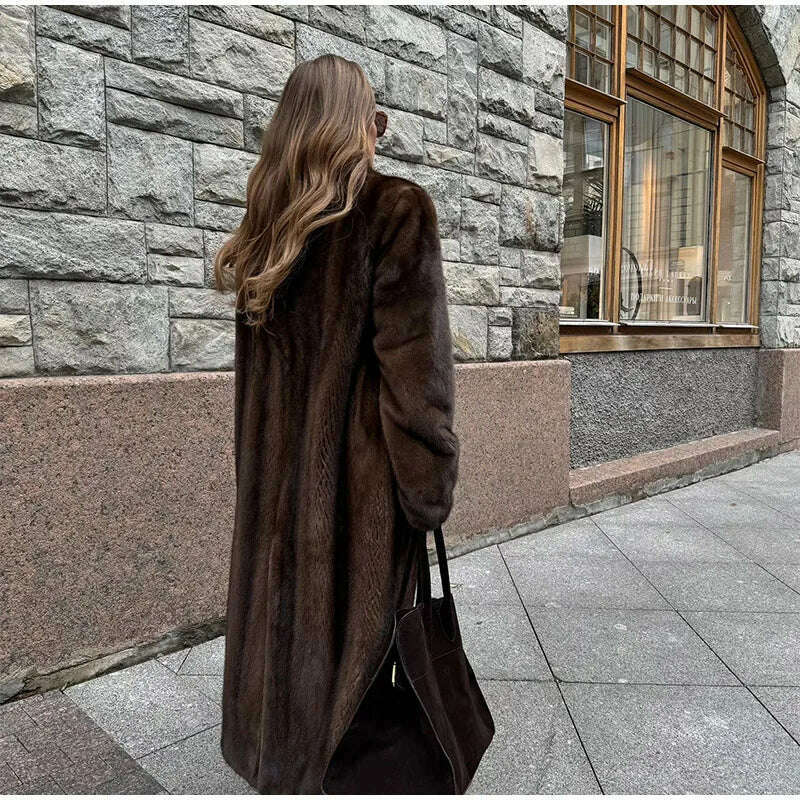 KIMLUD, Dark Brown Faux Fur Long Overcoat For Women Fashion Lapel Single Breasted Loose Fluffy Plush Warm Coat Winter Thicken Outerwear, KIMLUD Womens Clothes