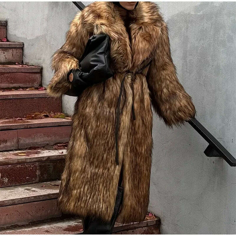 KIMLUD, Dark Brown Faux Fur Long Overcoat For Women Fashion Lapel Single Breasted Loose Fluffy Plush Warm Coat Winter Thicken Outerwear, KIMLUD Womens Clothes