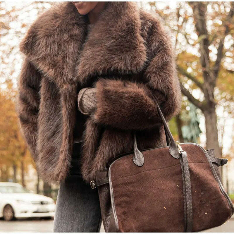 KIMLUD, Dark Brown Faux Fur Long Overcoat For Women Fashion Lapel Single Breasted Loose Fluffy Plush Warm Coat Winter Thicken Outerwear, KIMLUD Womens Clothes