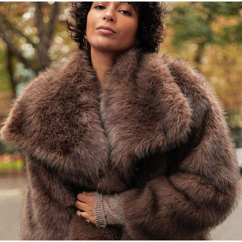 KIMLUD, Dark Brown Faux Fur Long Overcoat For Women Fashion Lapel Single Breasted Loose Fluffy Plush Warm Coat Winter Thicken Outerwear, KIMLUD Womens Clothes