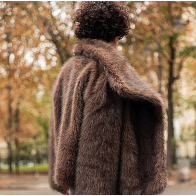 KIMLUD, Dark Brown Faux Fur Long Overcoat For Women Fashion Lapel Single Breasted Loose Fluffy Plush Warm Coat Winter Thicken Outerwear, KIMLUD Womens Clothes