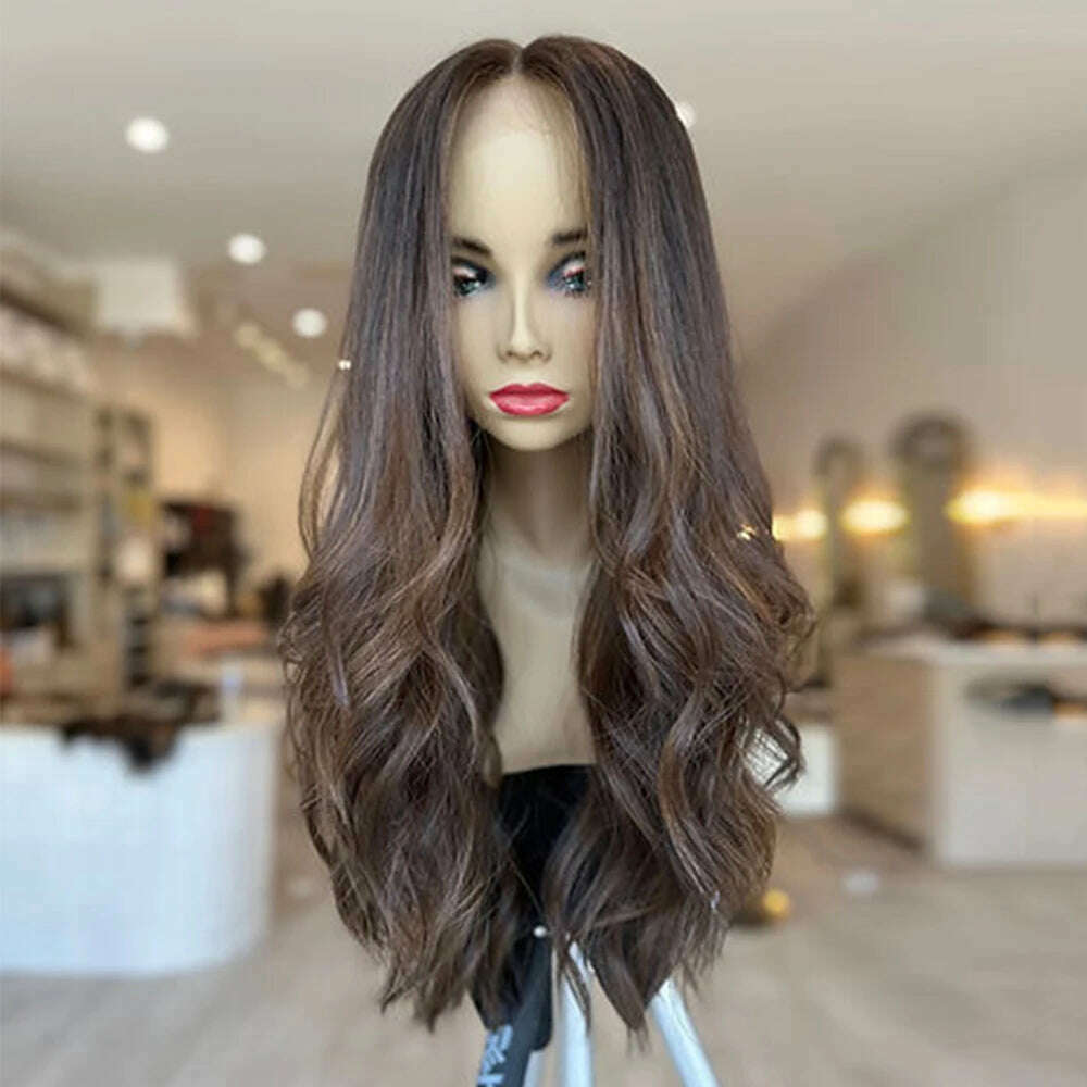 Dark Chocolate Brown Balayage Wavy Wig Dark Brunette Full Lace Human Hair Wig 150% Density Lace Front Wig 26” 13x6 Glueless - KIMLUD