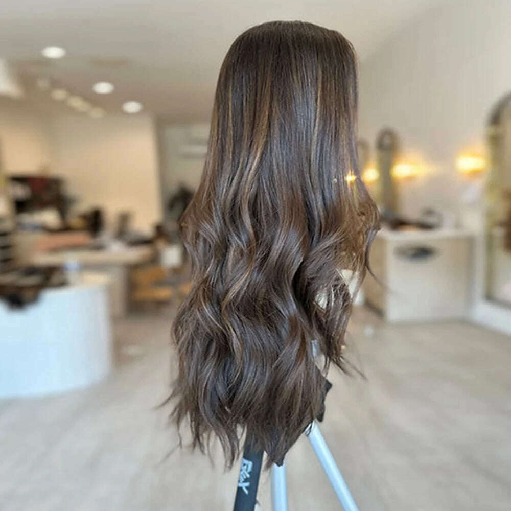 Dark Chocolate Brown Balayage Wavy Wig Dark Brunette Full Lace Human Hair Wig 150% Density Lace Front Wig 26” 13x6 Glueless - KIMLUD
