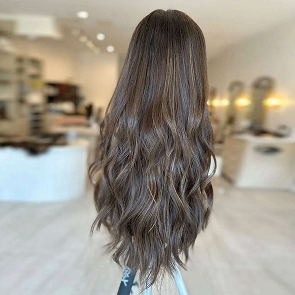 Dark Chocolate Brown Balayage Wavy Wig Dark Brunette Full Lace Human Hair Wig 150% Density Lace Front Wig 26” 13x6 Glueless - KIMLUD