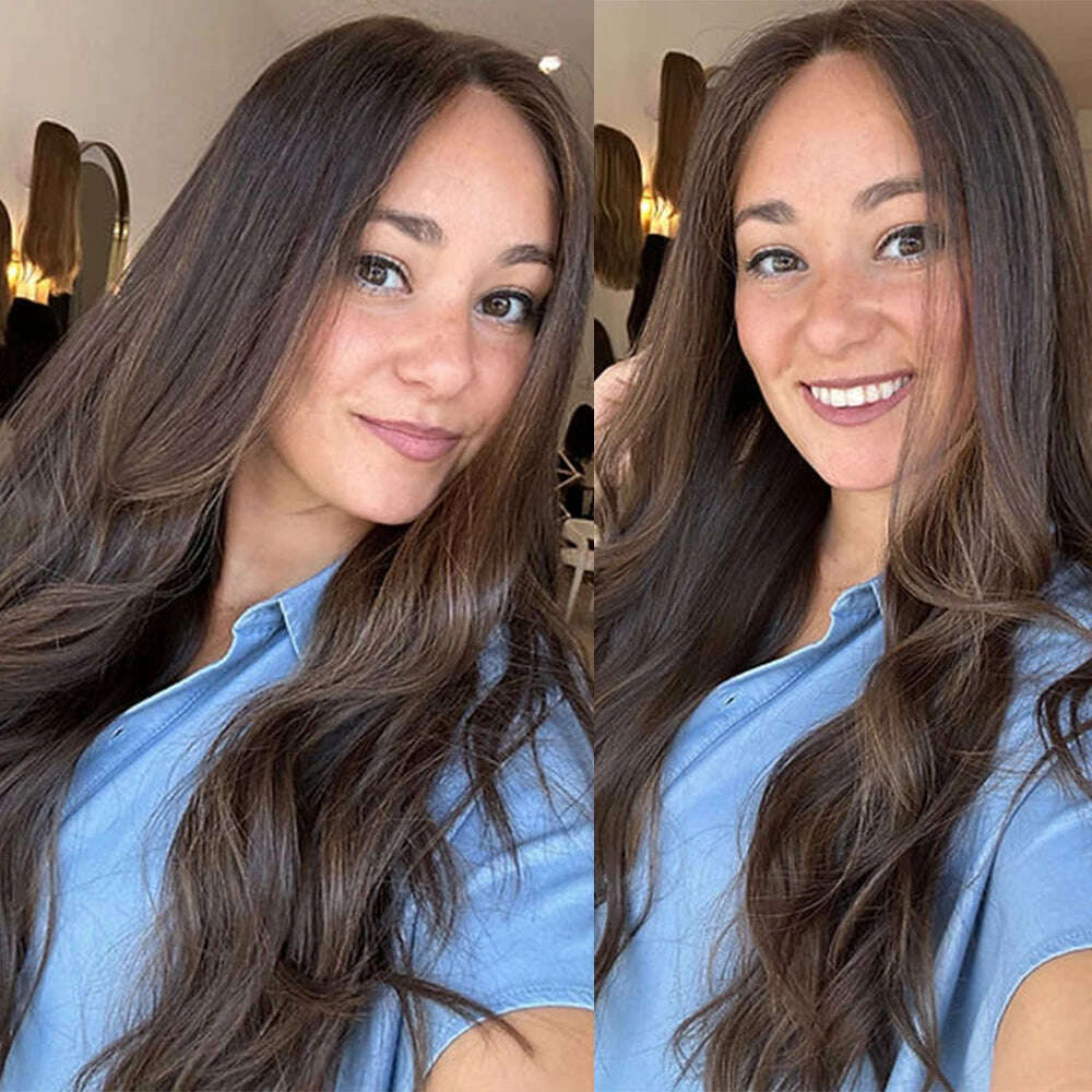 Dark Chocolate Brown Balayage Wavy Wig Dark Brunette Full Lace Human Hair Wig 150% Density Lace Front Wig 26” 13x6 Glueless - KIMLUD