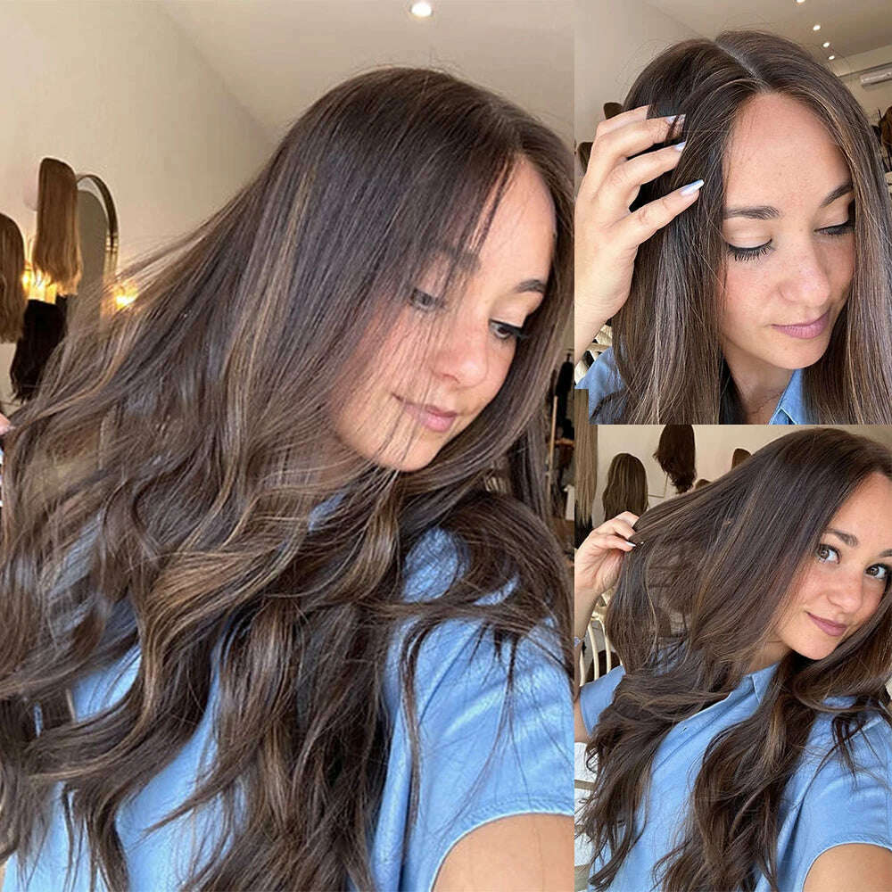 Dark Chocolate Brown Balayage Wavy Wig Dark Brunette Full Lace Human Hair Wig 150% Density Lace Front Wig 26” 13x6 Glueless - KIMLUD