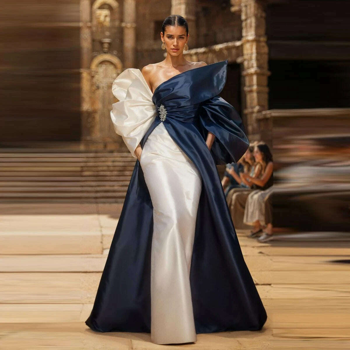 Dark Navy And White Evening Dresses Off The Shoulder Ruched Satin Mermaid  Prom Dresses Elagent Women Formal Occasion Party Dress