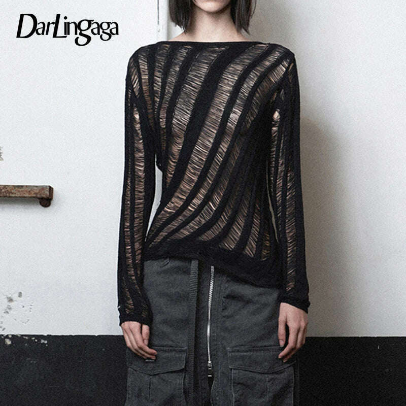 KIMLUD, Darlingaga Grunge Fashion Thin Ripped Sweaters for Women Hole Transparent Autumn Pullover Knitting Casual Loose Jumper Fairycore, Black / S, KIMLUD APPAREL - Womens Clothes