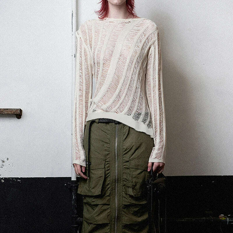KIMLUD, Darlingaga Grunge Fashion Thin Ripped Sweaters for Women Hole Transparent Autumn Pullover Knitting Casual Loose Jumper Fairycore, White / S, KIMLUD APPAREL - Womens Clothes