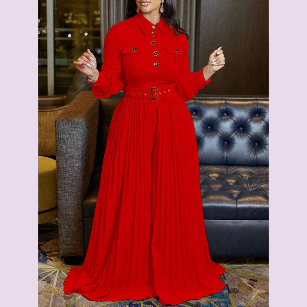 Dashiki African Elegant Fashion Women Pleated Jumpsuits Long Sleeve Wide Leg Pants Rompers Party Office Outfits With Belt 2023 - KIMLUD