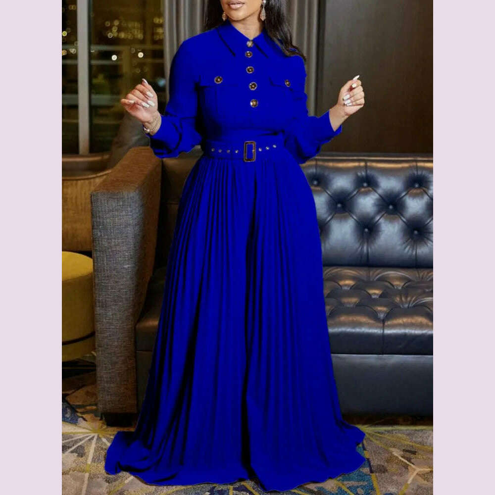 Dashiki African Elegant Fashion Women Pleated Jumpsuits Long Sleeve Wide Leg Pants Rompers Party Office Outfits With Belt 2023 - KIMLUD