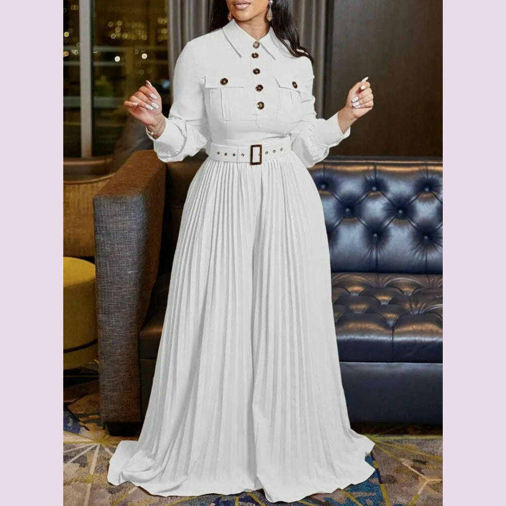 Dashiki African Elegant Fashion Women Pleated Jumpsuits Long Sleeve Wide Leg Pants Rompers Party Office Outfits With Belt 2023 - KIMLUD