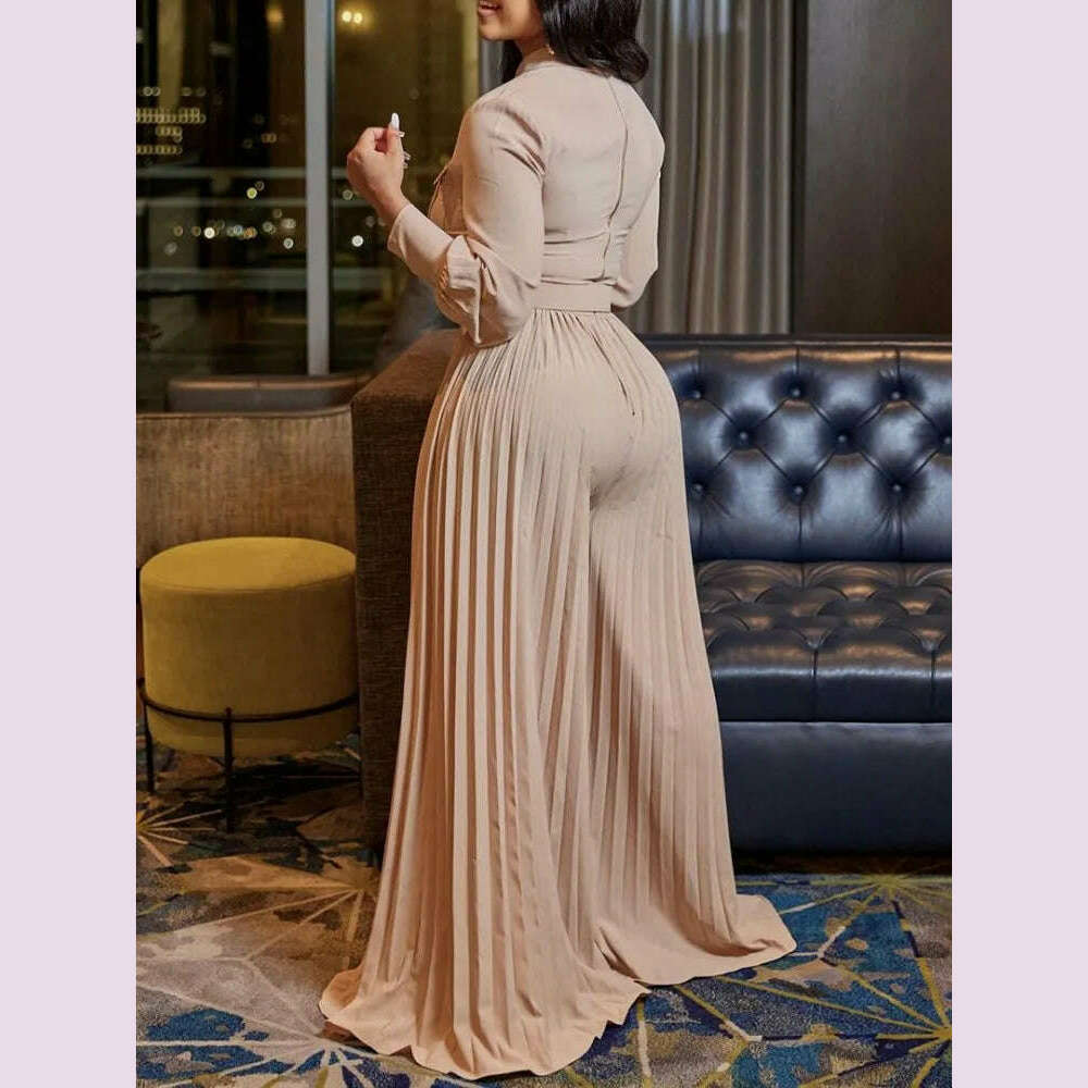 Dashiki African Elegant Fashion Women Pleated Jumpsuits Long Sleeve Wide Leg Pants Rompers Party Office Outfits With Belt 2023 - KIMLUD
