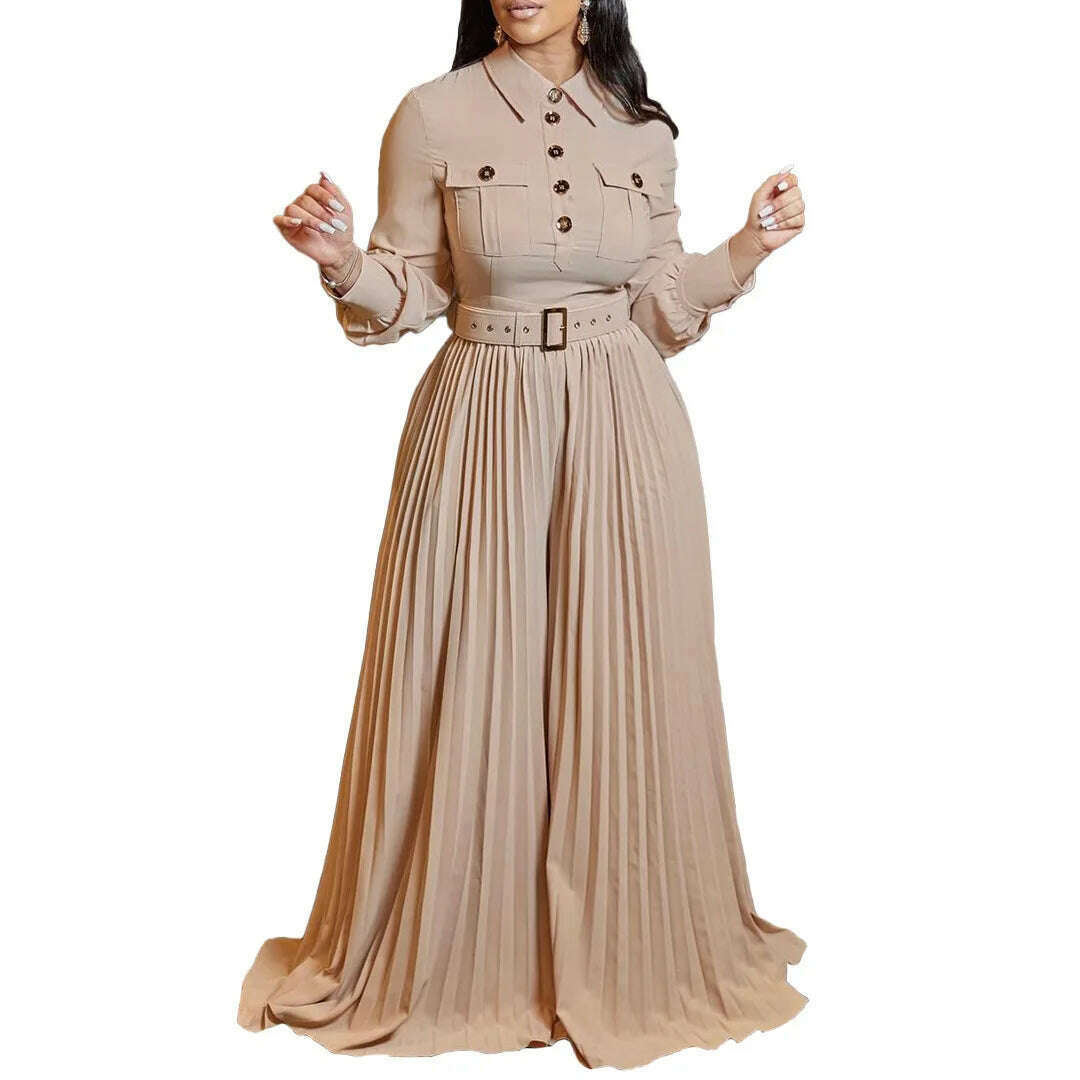 Dashiki African Elegant Fashion Women Pleated Jumpsuits Long Sleeve Wide Leg Pants Rompers Party Office Outfits With Belt 2023 - KIMLUD