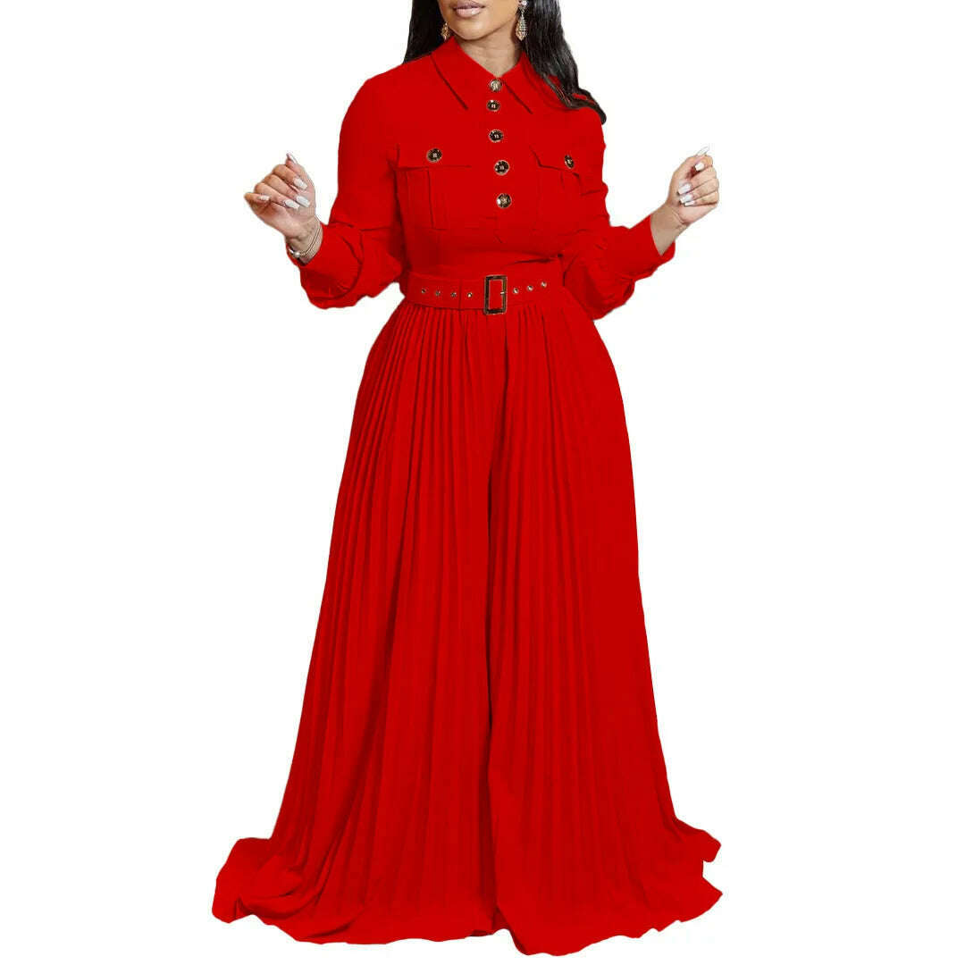 Dashiki African Elegant Fashion Women Pleated Jumpsuits Long Sleeve Wide Leg Pants Rompers Party Office Outfits With Belt 2023 - KIMLUD