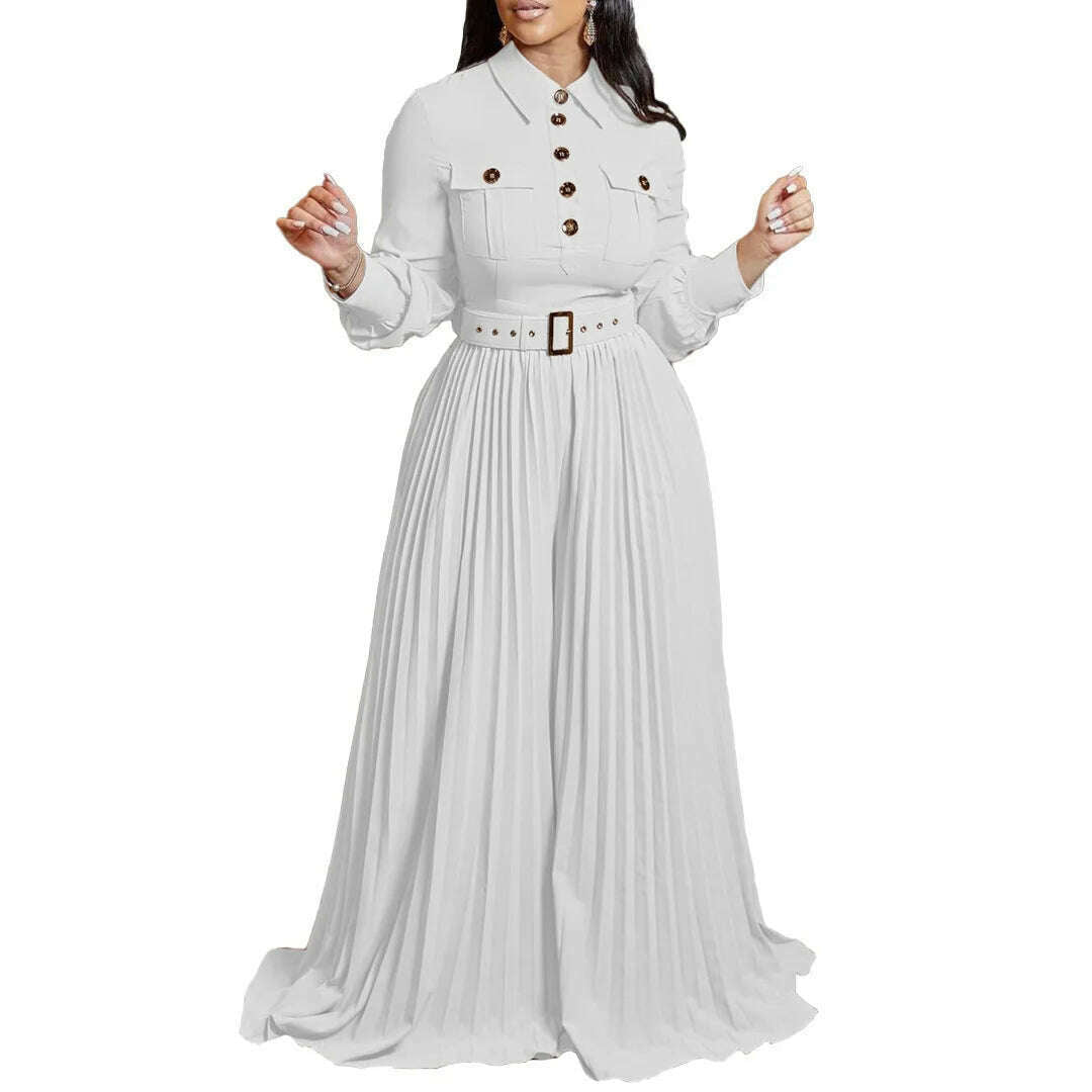 Dashiki African Elegant Fashion Women Pleated Jumpsuits Long Sleeve Wide Leg Pants Rompers Party Office Outfits With Belt 2023 - KIMLUD