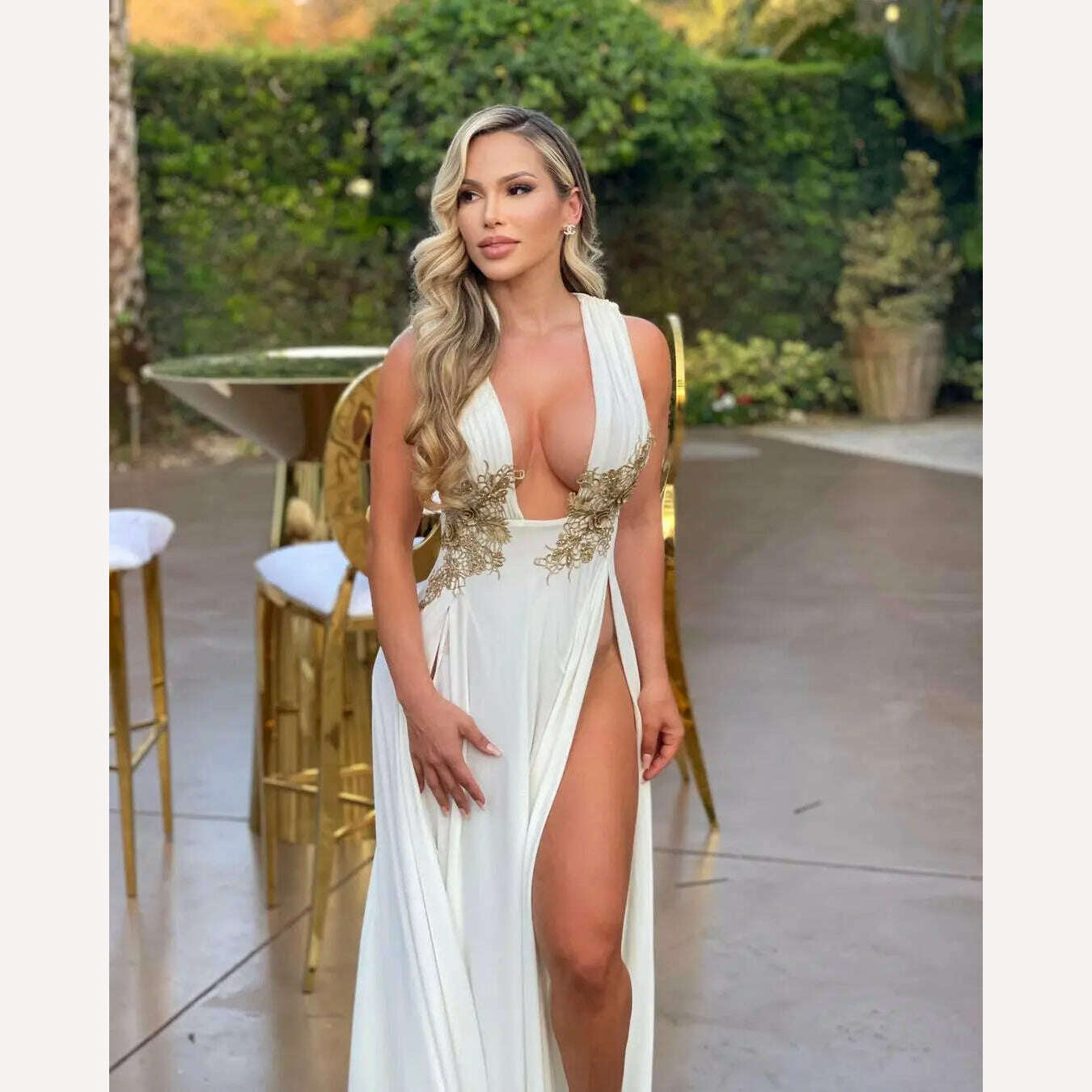 KIMLUD, DEARIRIS Women Sexy Floral Sequins Bare Back Deep V High Slit Wedding Party Evening Dress, KIMLUD Womens Clothes