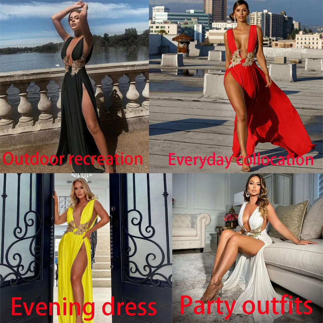KIMLUD, DEARIRIS Women Sexy Floral Sequins Bare Back Deep V High Slit Wedding Party Evening Dress, KIMLUD Womens Clothes