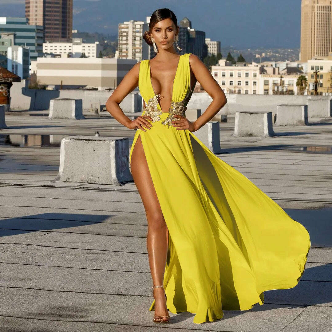 KIMLUD, DEARIRIS Women Sexy Floral Sequins Bare Back Deep V High Slit Wedding Party Evening Dress, KIMLUD Womens Clothes
