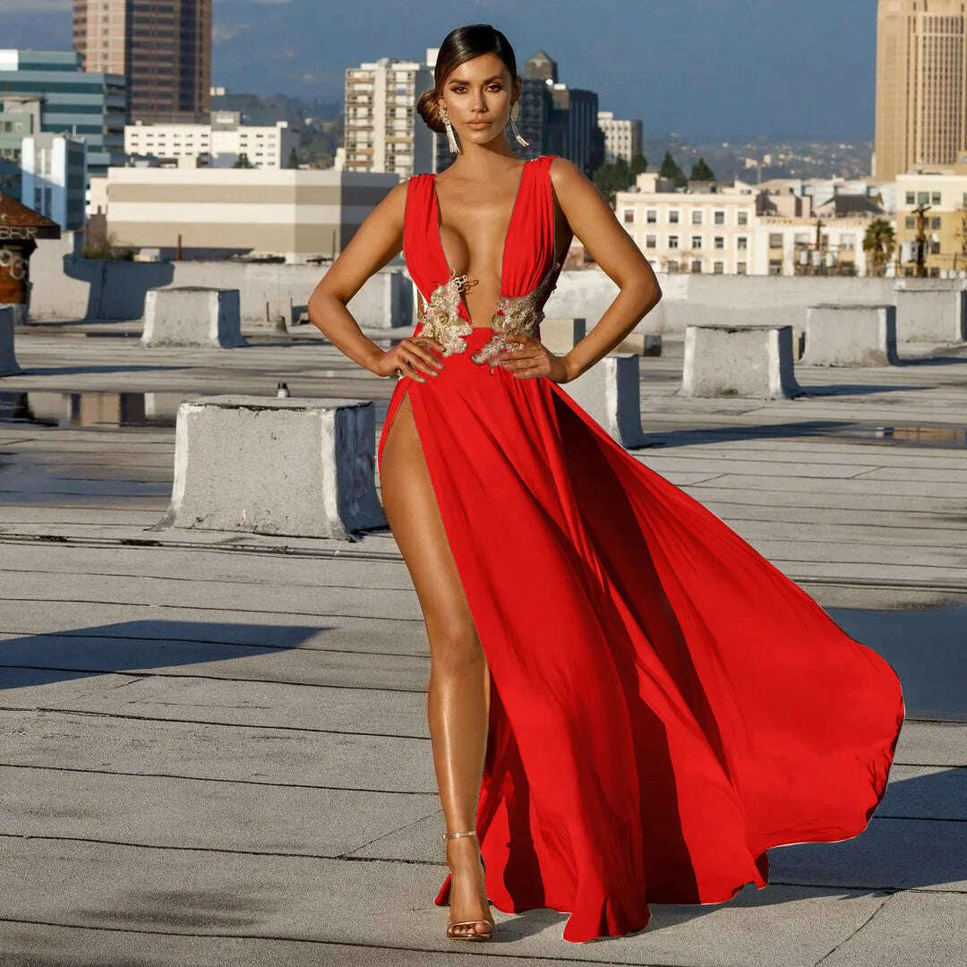 KIMLUD, DEARIRIS Women Sexy Floral Sequins Bare Back Deep V High Slit Wedding Party Evening Dress, KIMLUD Womens Clothes