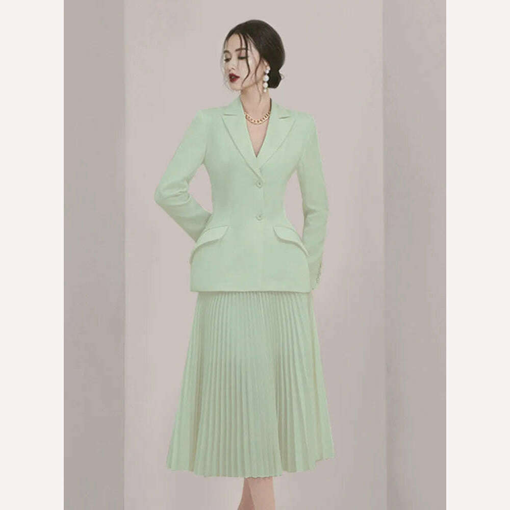 KIMLUD, DEAT 2024 Autumn Women Blazer 2 Pieces Set Full Sleeve Solid Color Coat Folds High Waist Skirt Elegant Female Fashion 15G7260, KIMLUD Womens Clothes