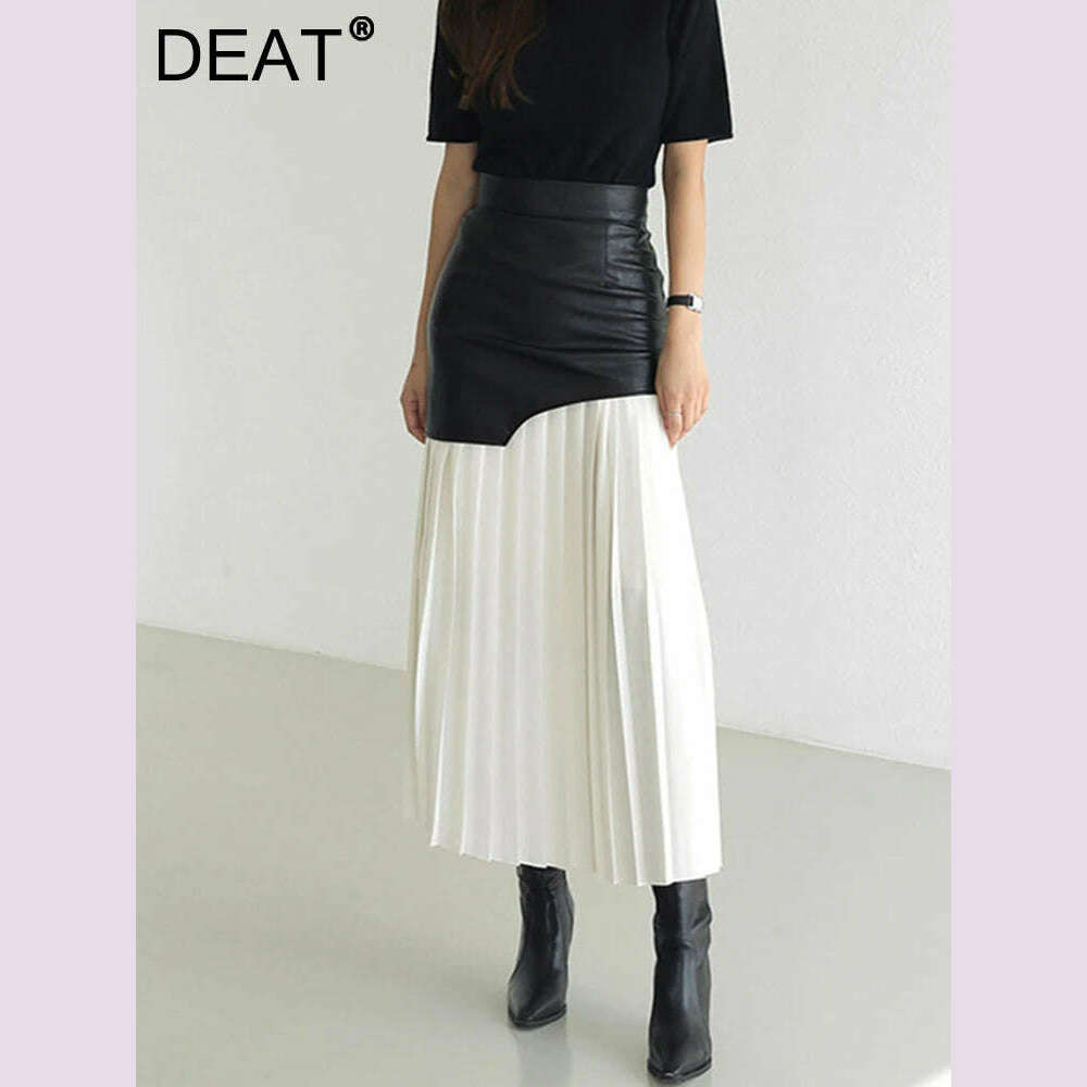 KIMLUD, DEAT 2024 White Long Autumn Leather Patchwork A-line Wrap Hip Temperament New Fashion Women's Pleated Skirt 7Z206, KIMLUD Womens Clothes