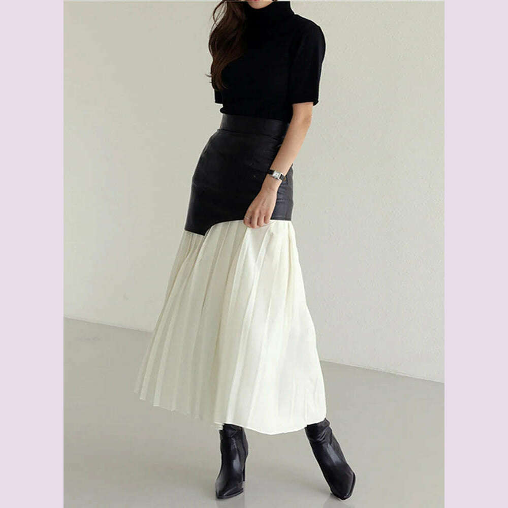 KIMLUD, DEAT 2024 White Long Autumn Leather Patchwork A-line Wrap Hip Temperament New Fashion Women's Pleated Skirt 7Z206, KIMLUD Womens Clothes