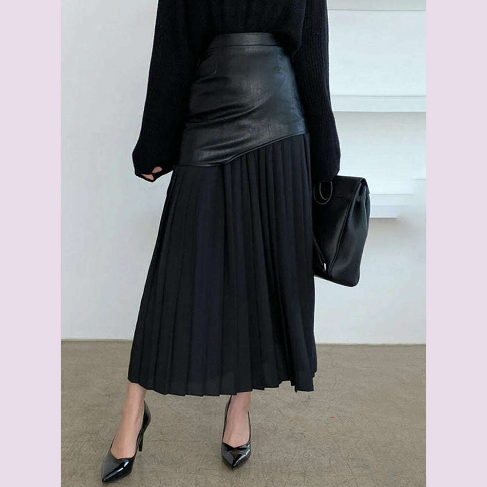 KIMLUD, DEAT 2024 White Long Autumn Leather Patchwork A-line Wrap Hip Temperament New Fashion Women's Pleated Skirt 7Z206, KIMLUD Womens Clothes