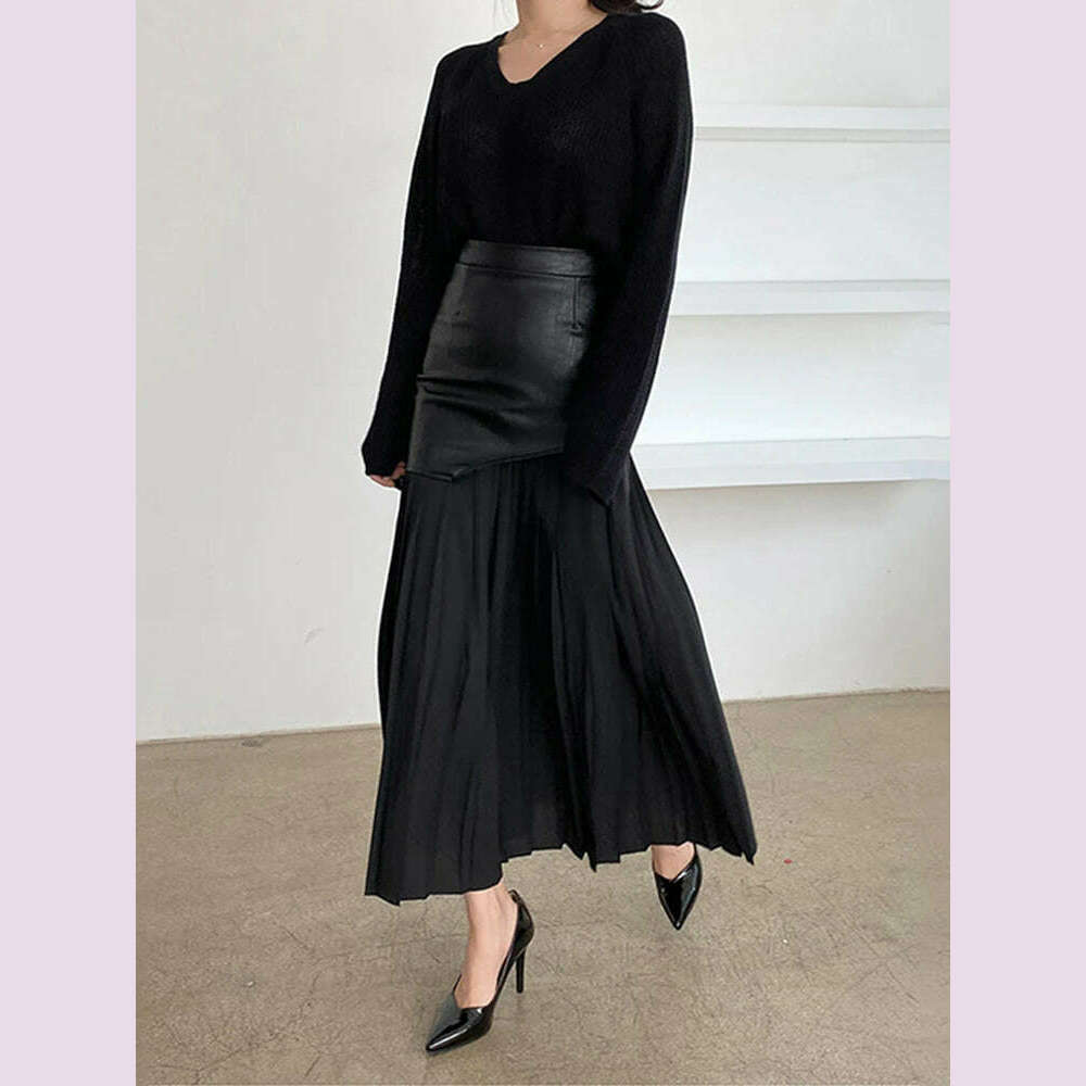 KIMLUD, DEAT 2024 White Long Autumn Leather Patchwork A-line Wrap Hip Temperament New Fashion Women's Pleated Skirt 7Z206, KIMLUD Womens Clothes