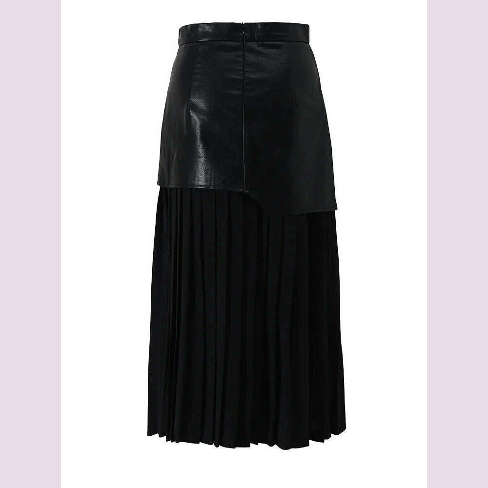 KIMLUD, DEAT 2024 White Long Autumn Leather Patchwork A-line Wrap Hip Temperament New Fashion Women's Pleated Skirt 7Z206, KIMLUD Womens Clothes