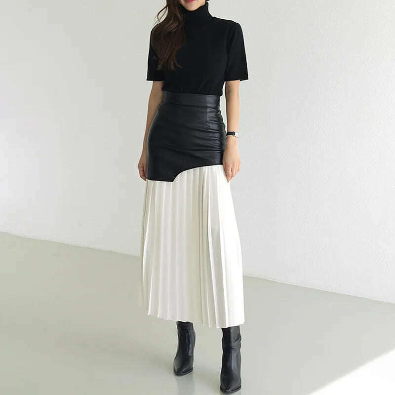 KIMLUD, DEAT 2024 White Long Autumn Leather Patchwork A-line Wrap Hip Temperament New Fashion Women's Pleated Skirt 7Z206, KIMLUD Womens Clothes