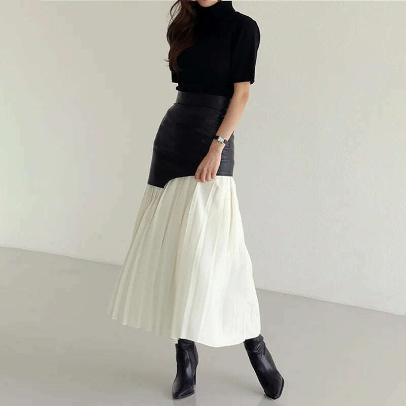 KIMLUD, DEAT 2024 White Long Autumn Leather Patchwork A-line Wrap Hip Temperament New Fashion Women's Pleated Skirt 7Z206, KIMLUD Womens Clothes