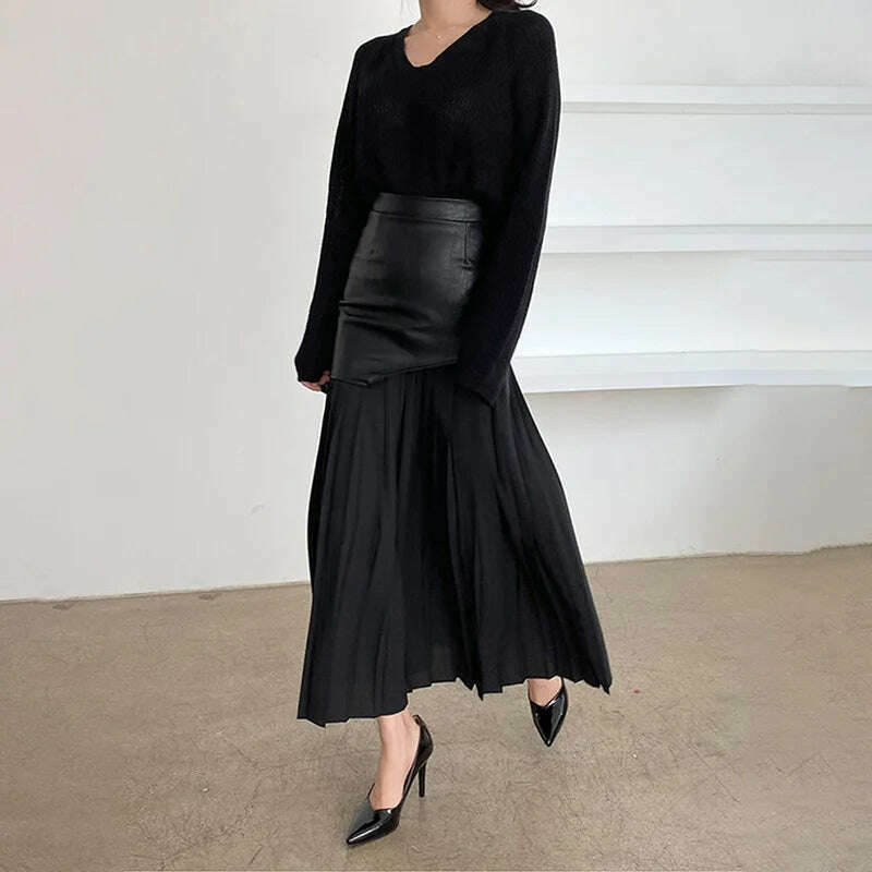 KIMLUD, DEAT 2024 White Long Autumn Leather Patchwork A-line Wrap Hip Temperament New Fashion Women's Pleated Skirt 7Z206, KIMLUD Womens Clothes