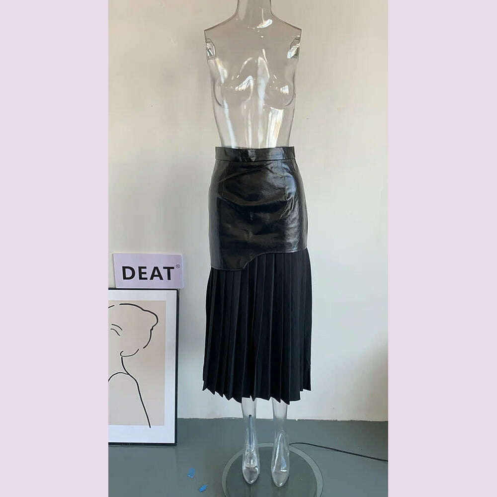 KIMLUD, DEAT 2024 White Long Autumn Leather Patchwork A-line Wrap Hip Temperament New Fashion Women's Pleated Skirt 7Z206, Black / S, KIMLUD APPAREL - Womens Clothes