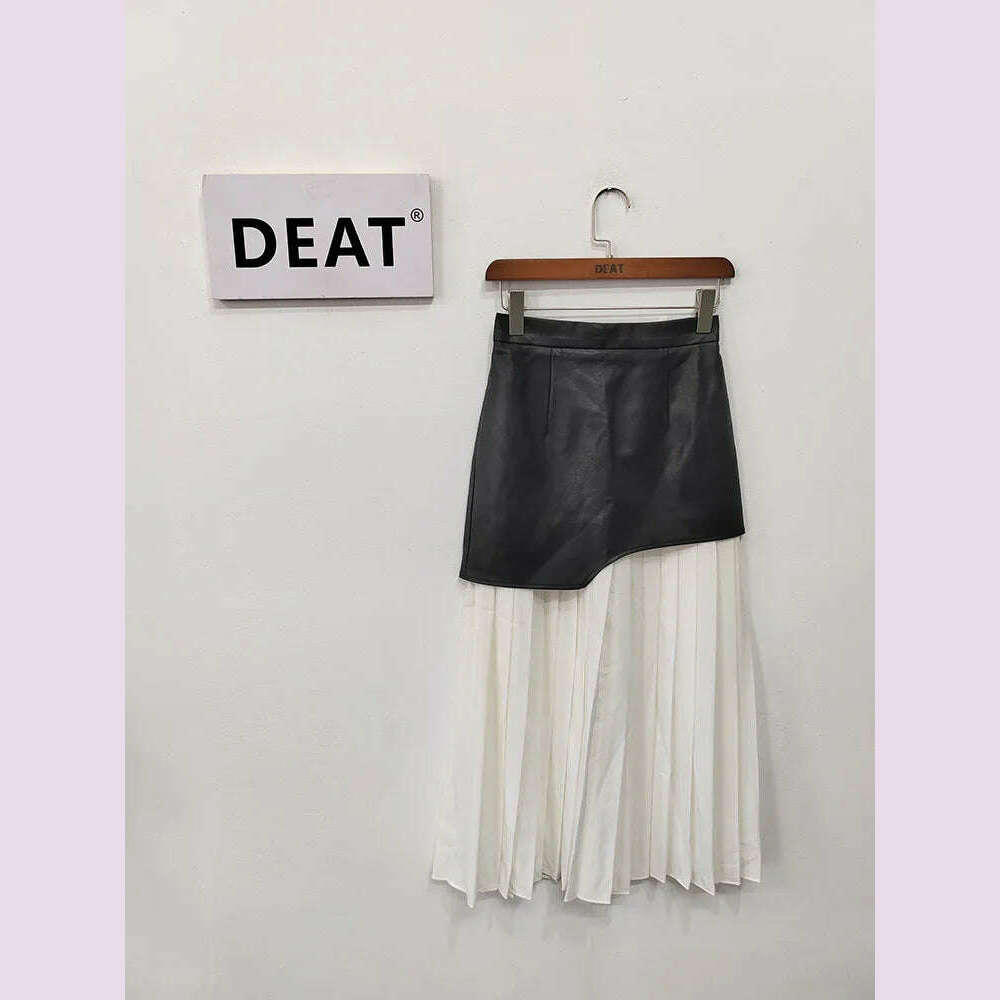 KIMLUD, DEAT 2024 White Long Autumn Leather Patchwork A-line Wrap Hip Temperament New Fashion Women's Pleated Skirt 7Z206, Black And White / S, KIMLUD APPAREL - Womens Clothes