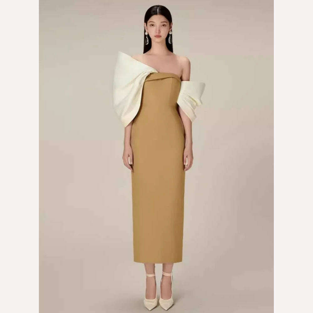 DEAT Big Bow Evening Dress Contrast Color Backless Zipper Slim Split Women Strapless Dresses 2024 Summer New Fashion 13DB3947 - KIMLUD