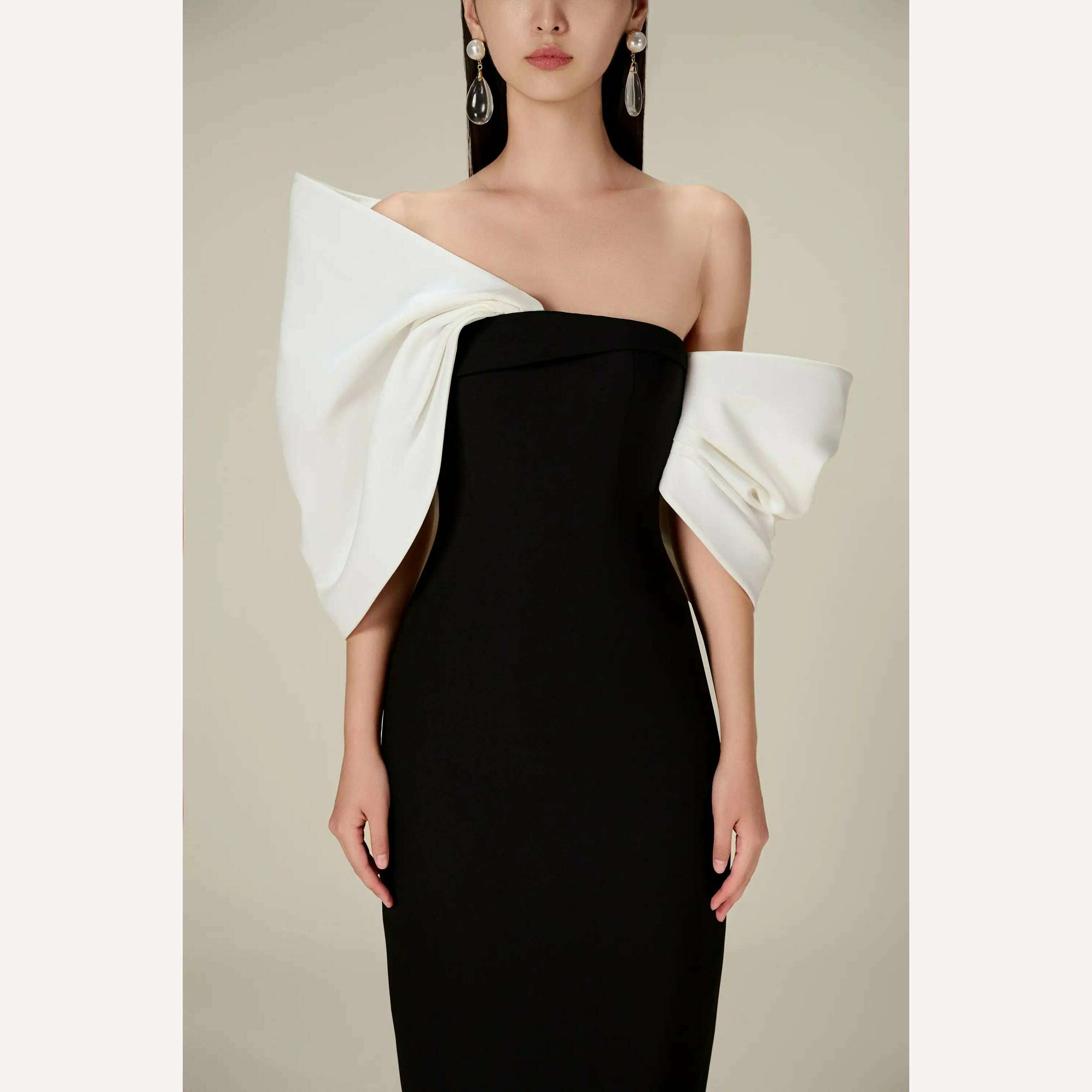 DEAT Big Bow Evening Dress Contrast Color Backless Zipper Slim Split Women Strapless Dresses 2024 Summer New Fashion 13DB3947 - KIMLUD