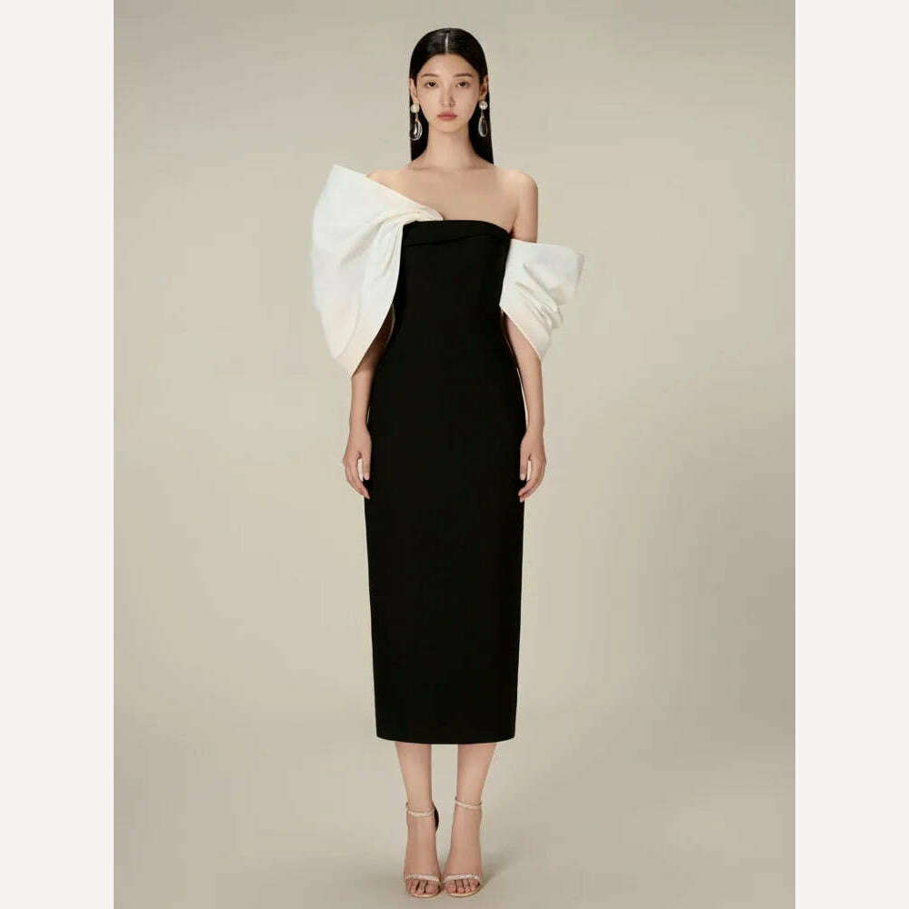 DEAT Big Bow Evening Dress Contrast Color Backless Zipper Slim Split Women Strapless Dresses 2024 Summer New Fashion 13DB3947 - KIMLUD