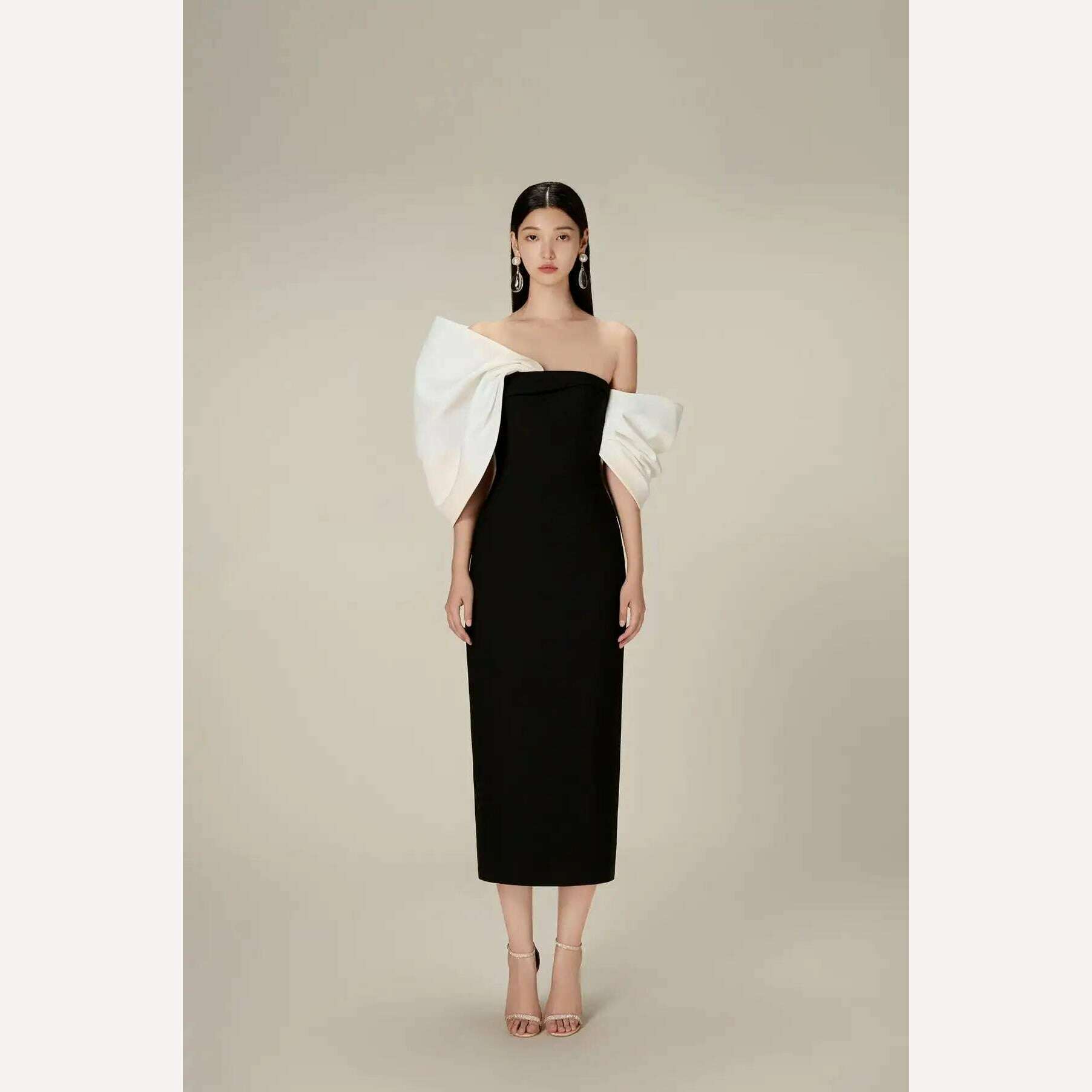 DEAT Big Bow Evening Dress Contrast Color Backless Zipper Slim Split Women Strapless Dresses 2024 Summer New Fashion 13DB3947 - KIMLUD