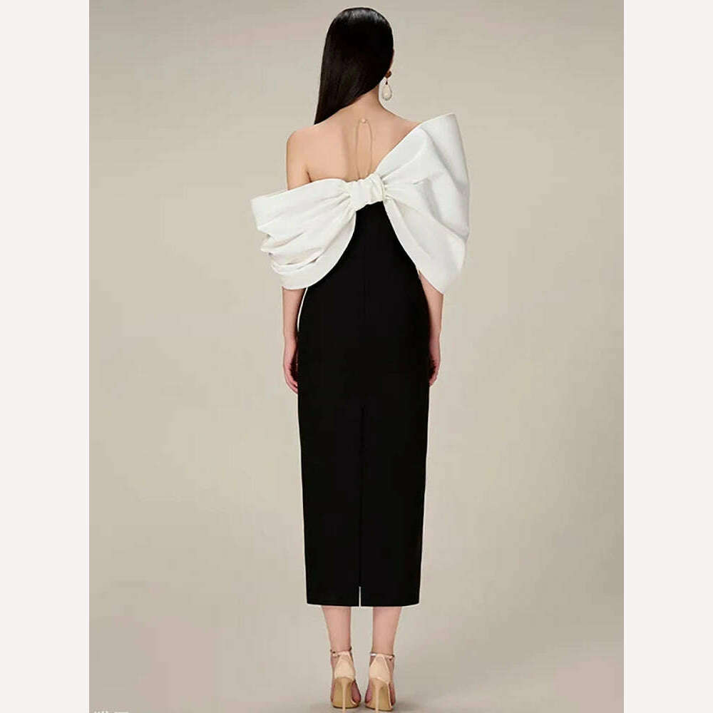 DEAT Big Bow Evening Dress Contrast Color Backless Zipper Slim Split Women Strapless Dresses 2024 Summer New Fashion 13DB3947 - KIMLUD