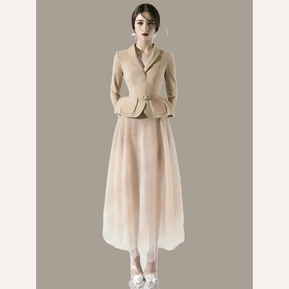 KIMLUD, DEAT Eleganet 2 Pcs Set Notched Collar Long Sleeve Lace-up Waist Coat Zipper Gauze Skirt Suit Women's Spring 2024 New 13DB3032, KIMLUD Womens Clothes