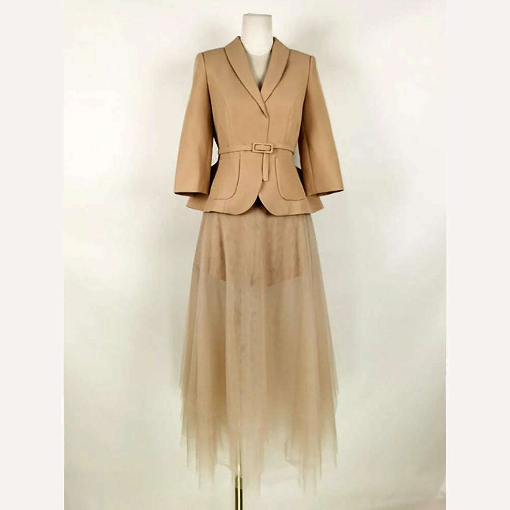 KIMLUD, DEAT Eleganet 2 Pcs Set Notched Collar Long Sleeve Lace-up Waist Coat Zipper Gauze Skirt Suit Women's Spring 2024 New 13DB3032, Khaki / XL, KIMLUD APPAREL - Womens Clothes