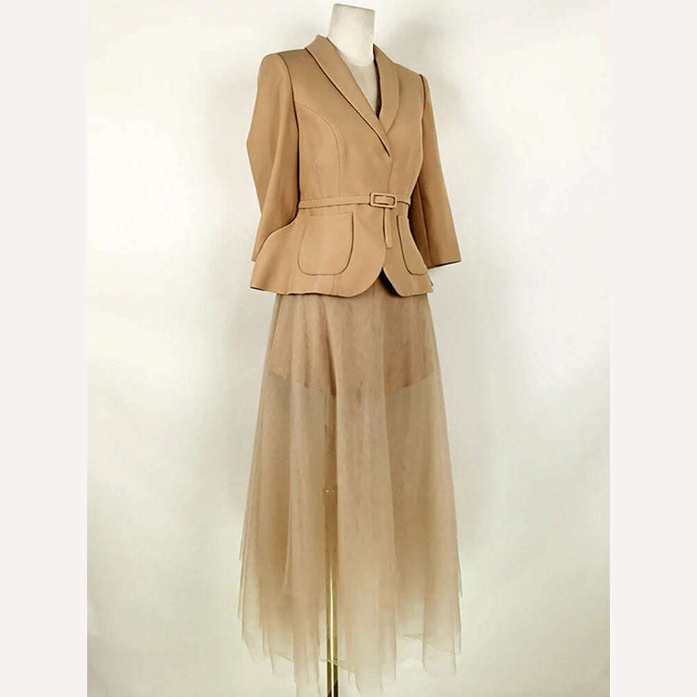 KIMLUD, DEAT Eleganet 2 Pcs Set Notched Collar Long Sleeve Lace-up Waist Coat Zipper Gauze Skirt Suit Women's Spring 2024 New 13DB3032, KIMLUD Womens Clothes